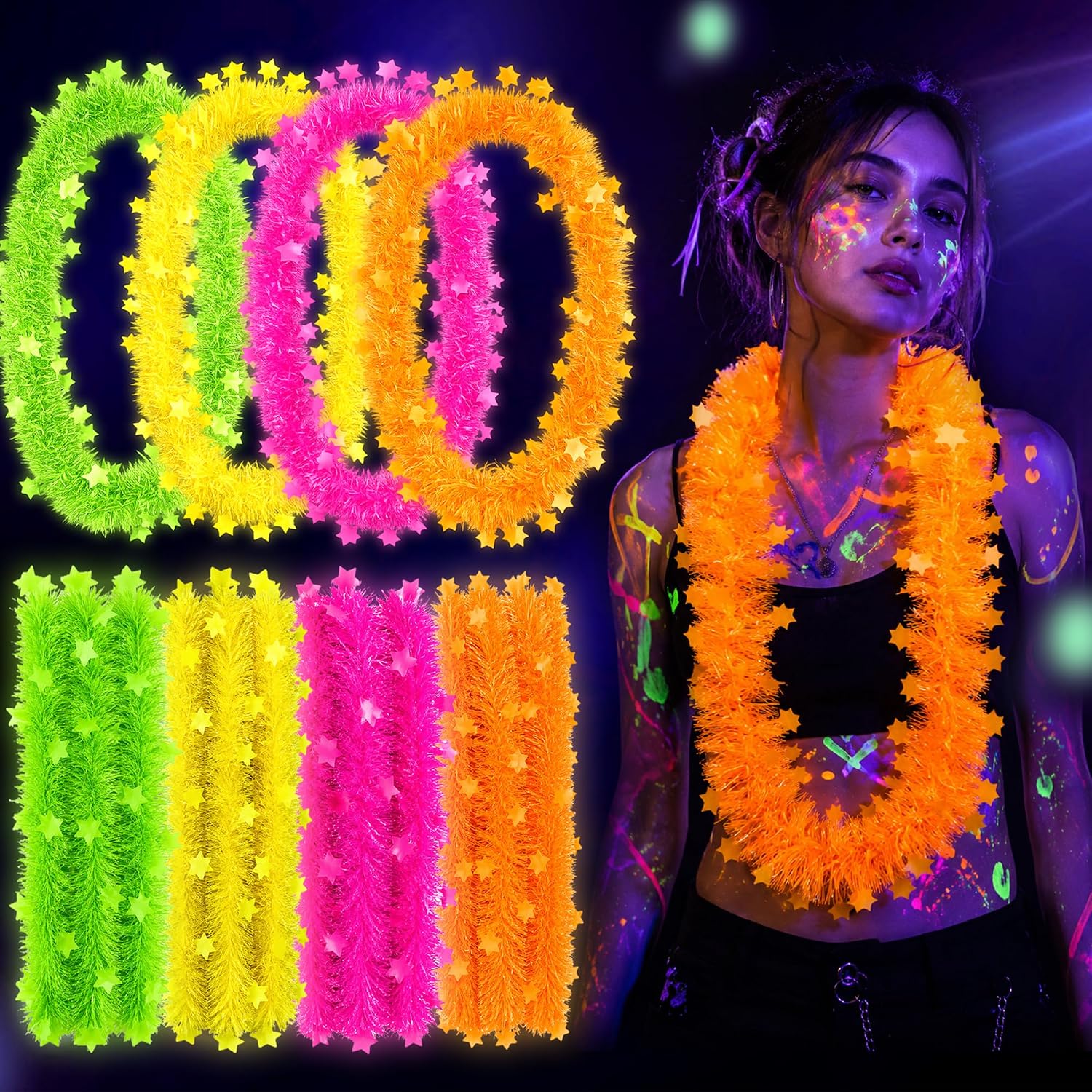 Glow In Dark Stars - Zabawny 5-gwiazdkowy girlandowy naszyjnik z kwiatami,